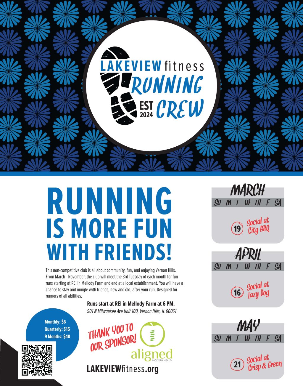 Vernon Hills Park District Lakeview Fitness Spring Running Crew Schedule REI City BBQ Lazy Dog Crisp & Green Mellody Farm Chicago